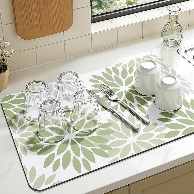 Findosom Floral Dish Drying Mat, 12" x 20" Super Absorbent & Hide Stain Coffee Mat, Cuttable Drying Mat for Kitchen Counter, Under Dish Rack, Coffee Maker, Espresso Machine, Sage Green