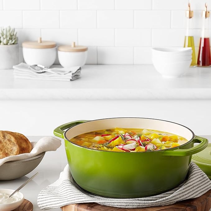 Amazon Basics Enameled Cast Iron Dutch Oven Pot with Lid, Round, Dual Handles, Heavy-Duty, Oven Safe for Stews, Roasting, Baking, 6-Quart, Green