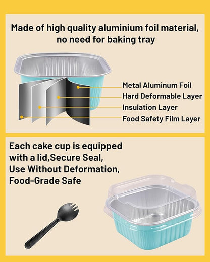 50 Pack 5oz Square Mini Cake Pans with Lids and Spoons,Aluminum Foil Baking Cups,Disposable Mini Loaf Pans Ramekins for Brownie, Cheesecake, Mousse & Wedding Party Favors-blue