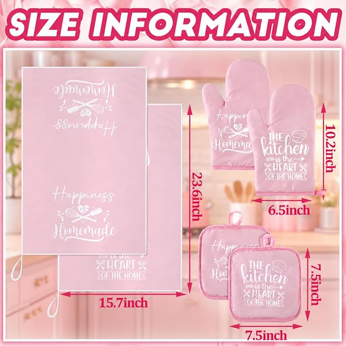 Sratte 6 Pcs Pink Kitchen Decor Accessories Set Cute Farmhouse Towels Pot Holders Oven Mitts Set 2 Dish Towels 2 Potholders 2 Cooking Mittens for Baking Cooking House Supply(Pink, Kitchen)