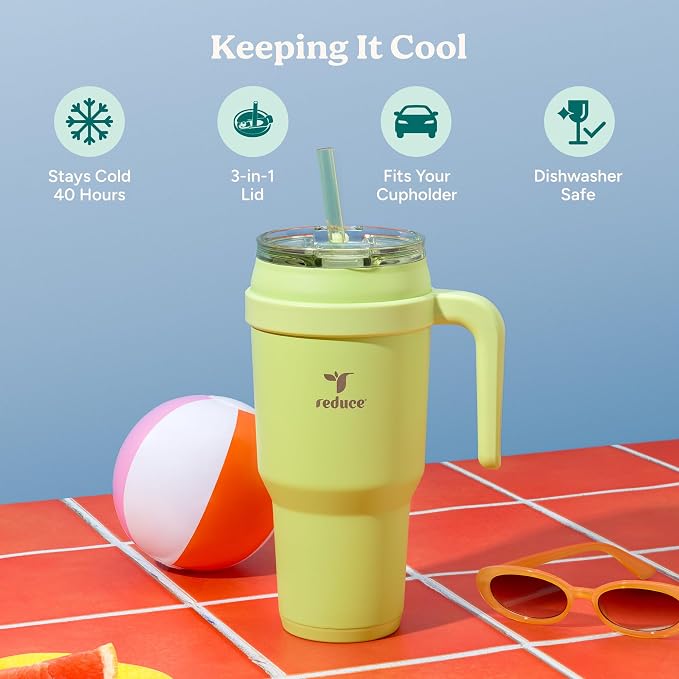 Reduce 40 oz Stainless Steel Tumbler with Handle - Dual-Wall Vacuum Insulated Travel Mug, Sweat-Proof Lid & Reusable Straw - Keeps Drinks Cold for 24 Hrs, Fits Cupholders, Dishwasher Safe -Pina Colada