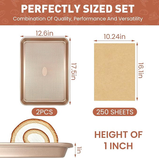 2-Pack Heavy Duty Baking Sheets with 250 Pre-Cut Parchment Papers | 17.5"x11.8" Nonstick Carbon Steel Cookie Sheets for Oven | Warp-Resistant Half Sheet Pans for Meal Prep & Roasting