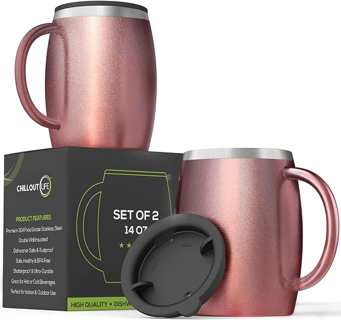 Stainless Steel Insulated Coffee Mugs Set of 2 (14 oz) – Double Wall Coffee Cups with Spill-Resistant Lid and Strong Handle, Shatterproof Cups for Cold Drinks & Hot Beverages - Rose Gold