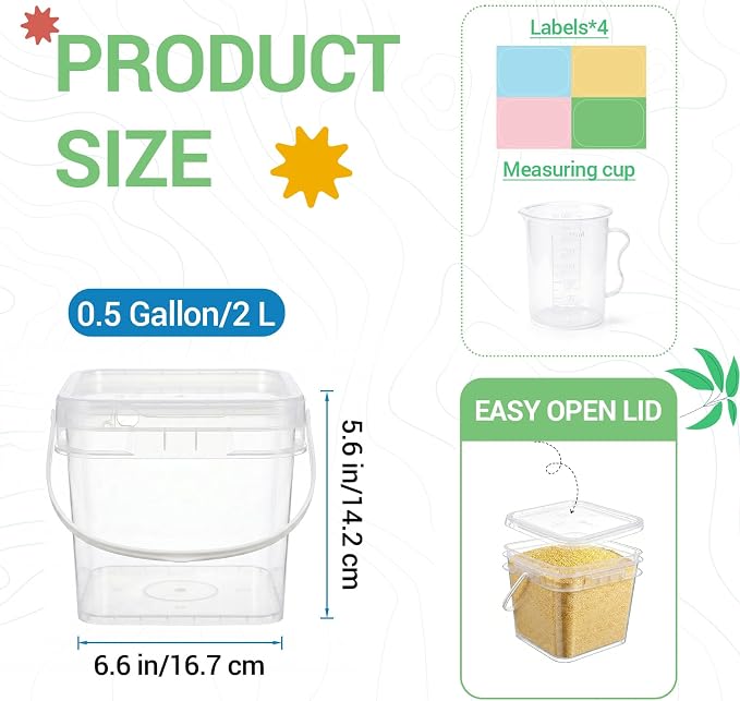 METAPACK 4 Pack 0.5 Gallon Food Grade Square Bucket with Easy-Open Lids, Food Storage Container & Handle, BPA-Free Plastic Clear Pantry Storage for Cereal, Rice, Flour, Kitchen Organization