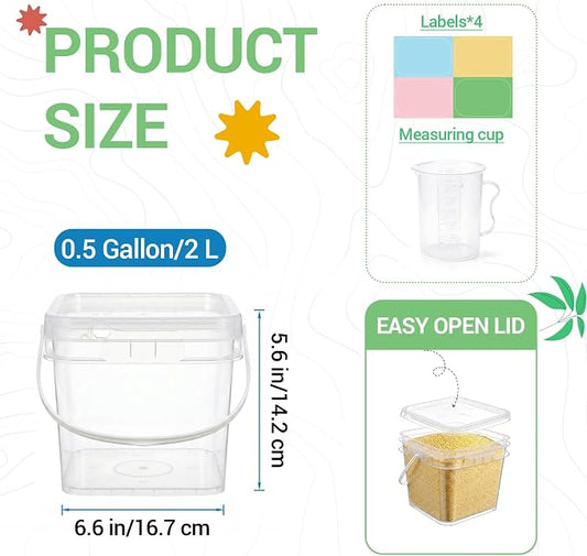 METAPACK 4 Pack 0.5 Gallon Food Grade Square Bucket with Easy-Open Lids, Food Storage Container & Handle, BPA-Free Plastic Clear Pantry Storage for Cereal, Rice, Flour, Kitchen Organization