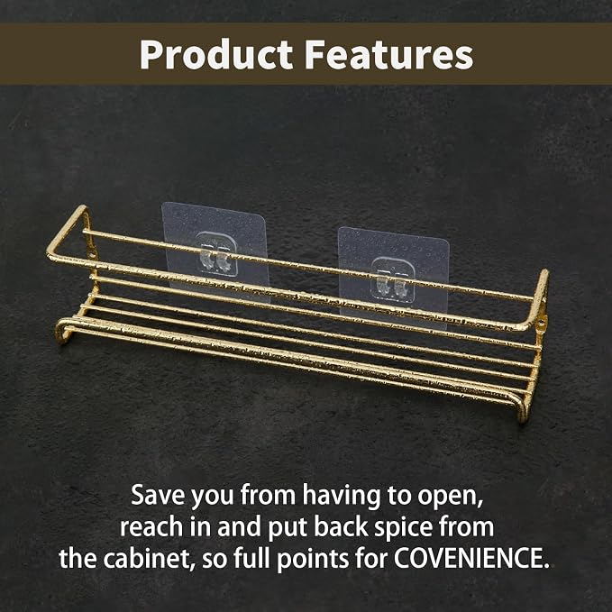 2 Pack Self Adhesive Wall Mounted Fridge Refrigerator Spice Racks,Metal Kitchen Seasoning Jar Organizer for Space Saver,Hanging Spice Organizer Shelf for Kitchen Cabinet,Wall,Pantry Door.Gold