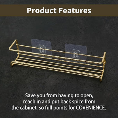 2 Pack Self Adhesive Wall Mounted Fridge Refrigerator Spice Racks,Metal Kitchen Seasoning Jar Organizer for Space Saver,Hanging Spice Organizer Shelf for Kitchen Cabinet,Wall,Pantry Door.Gold