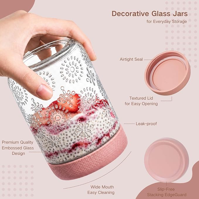ColoVie 6-Pack Glass Overnight Oats Containers with Airtight Lids - 16oz Decorative Mason Jars for Meal Prep, Chia Seed Pudding, Salad, Snacks & Spice Storage - Wide Mouth, Dishwasher Safe