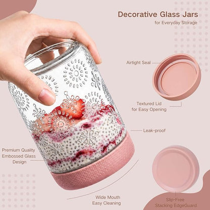 ColoVie 6-Pack Glass Overnight Oats Containers with Airtight Lids - 16oz Decorative Mason Jars for Meal Prep, Chia Seed Pudding, Salad, Snacks & Spice Storage - Wide Mouth, Dishwasher Safe