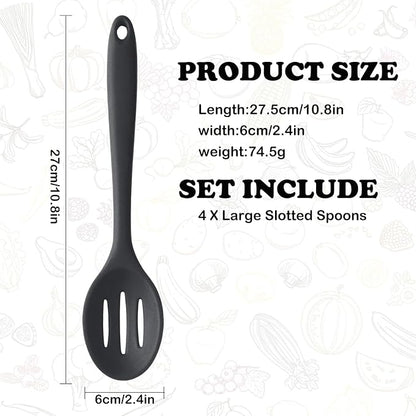 Linwnil 4 Pieces Silicone Slotted Spoons,10.6 Inch Nonstick Mixing Serving Spoons for Kitchen Cooking Bake Stir Draining Tool (4, Black)