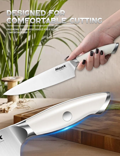 Huusk Knife Set with Block - 14 Pieces Japanese Stainless Steel Knives Blocks Set for Kitchen with Ergonomic Ivory White Handle Natural Wood Block Housewarming Gift for Women Men
