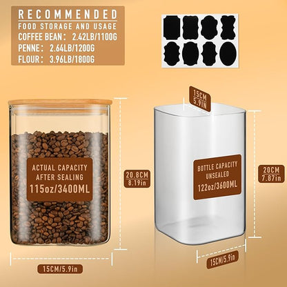 D2scrma 115oz Airtight Glass Square Storage Canister with Bamboo Lid Set of 1 (3400ml) Gallon Glass Jars Large Kitchen Canister for Sugar, Flour, Cookies and Coffee beans (‎with Black Lable)