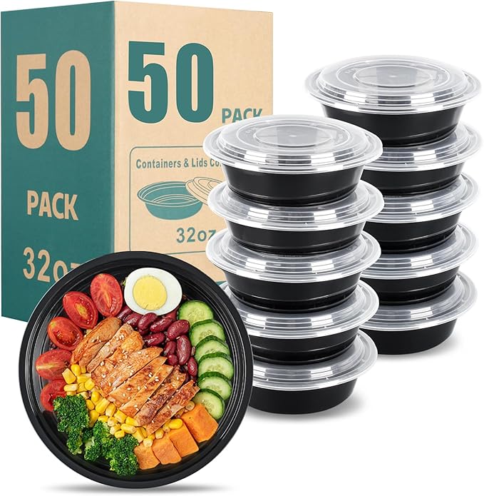 32oz Disposable Meal Prep Containers with Lids, 50 Pack (100 Pcs) Black Round Take Out Food Containers - Stackable Bento Boxes, BPA-Free, Microwave Safe, Bulk Lunch Containers