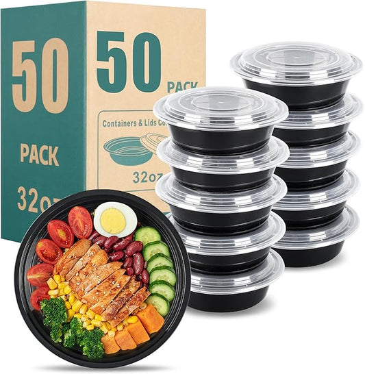 32oz Disposable Meal Prep Containers with Lids, 50 Pack (100 Pcs) Black Round Take Out Food Containers - Stackable Bento Boxes, BPA-Free, Microwave Safe, Bulk Lunch Containers