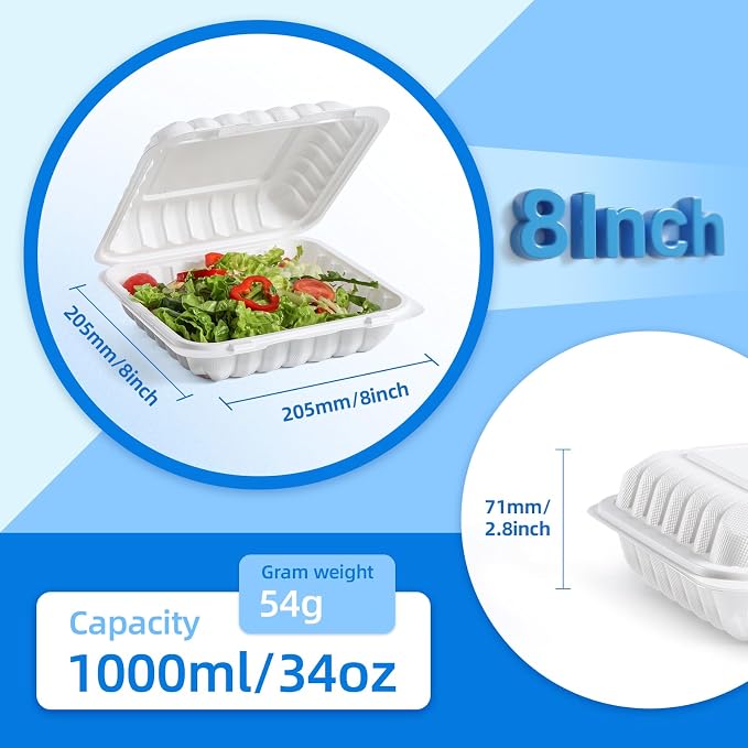 YANGRUI 55-Pack 34oz 8" White Takeout Boxes with Shrink Wrapped No Pre-Wash | Heavy Duty Mineral PP Microwave & Freezer Safe BPA Free Hinged Lunch Containers for Sandwiches, Pizza & Meal Prep