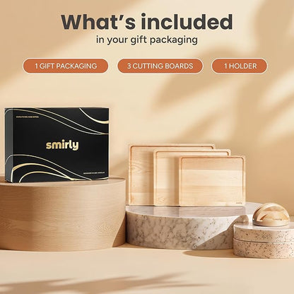 SMIRLY Wooden Cutting Board for Kitchen - Birch Wood Cutting Boards for Meal Prep, Serving, Charcuterie - Kitchen Gadgets, House Warming Gifts - Wood Chopping Board Set of 3 with Holder