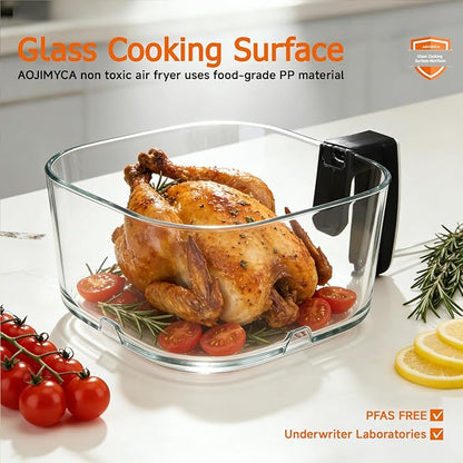 Glass Air Fryer, Portable Air Fryer with 6.0QT Glass Container, Adjustable Time & Temp, Power-Off & Overheat Protection, 8-in-1 Non Toxic AirFryer for Quick Easy Meals