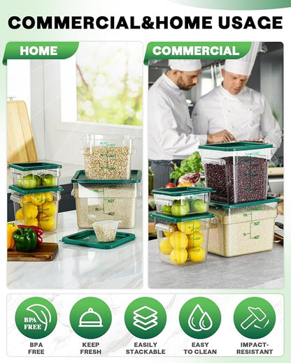 6QT NSF Food Storage Containers: 6PCS [Food Grade][Hot&Cold Resistant] Commercial Clear Food Storage Containers with Lids for Restaurant Kitchen Proof Dough, Measuring Spoons Included(GREEN)