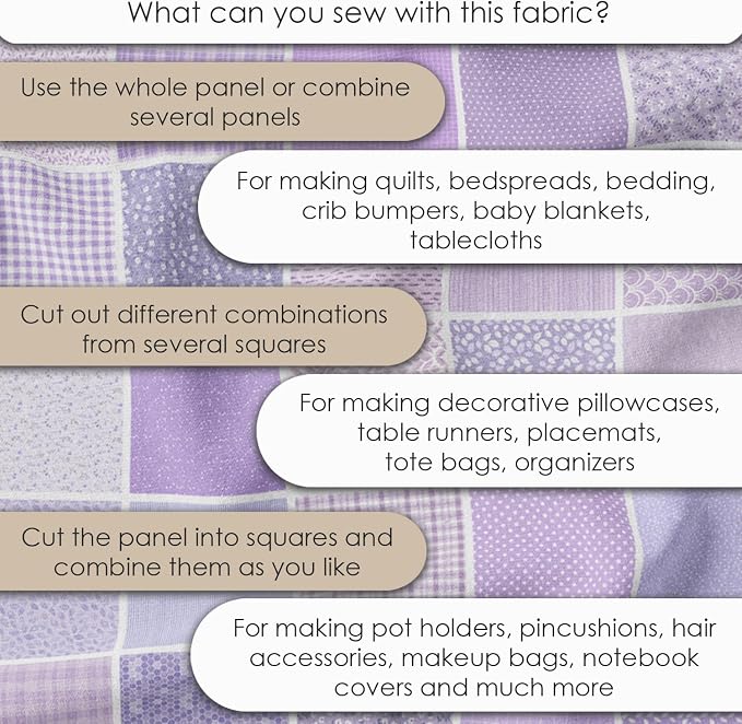 Cotton Satin Patchwork Fabric Panel – 35 Designs, 20×20 cm Squares, Single Piece 150×110 cm, Lavender Floral Quilt Fabric (Lavender Dreams Patchwork Set, 35pcs 8x8 inch)