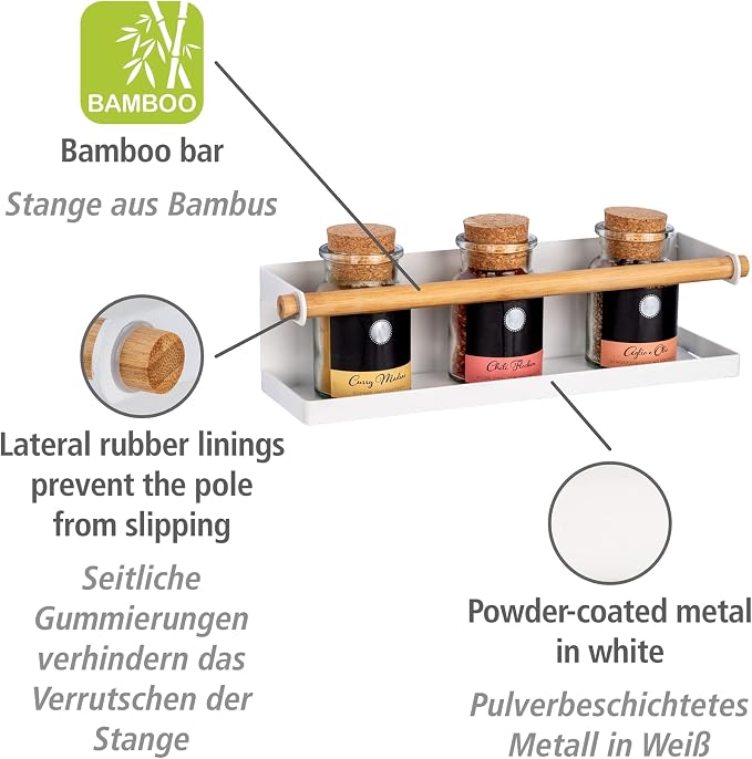 WENKO Magna Magnetic Metal Spice Rack with Bamboo Detail for Storing and Displaying Spice Jars, No Drilling Required with Magnet or Adhesive Tape, 32 x 8 x 8 cm, White