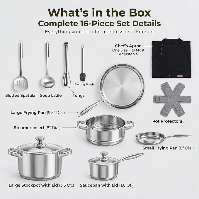Stainless Steel Cookware Set, 16-Piece Pots and Pans Set Non Toxic, Kitchen Induction Cookware with Glass Lids, Steamer, Utensil Sets, Pot Protectors & Apron, Oven & Dishwasher Safe, Silver