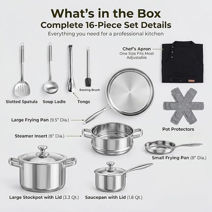 Stainless Steel Cookware Set, 16-Piece Pots and Pans Set Non Toxic, Kitchen Induction Cookware with Glass Lids, Steamer, Utensil Sets, Pot Protectors & Apron, Oven & Dishwasher Safe, Silver