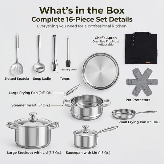 Stainless Steel Cookware Set, 16-Piece Pots and Pans Set Non Toxic, Kitchen Induction Cookware with Glass Lids, Steamer, Utensil Sets, Pot Protectors & Apron, Oven & Dishwasher Safe, Silver