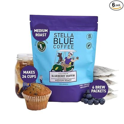 Stella Blue Cold Brew Coffee Bags, Blueberry Muffin, Medium Roast Ground Coffee, Smooth, Bold and Refreshing 100% Arabica, 6 Brew Packets, Makes 24 Cups, Rainforest Alliance Certified