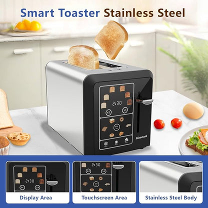 SAKAMOSH Smart Toaster 2 Slice, Touch Screen, Digital Toasters with 6 Browning Levels & 6 Bread Types, Bagel, Extra Long Wide Slots, Memory Function, Timer, 800W, Stainless Steel