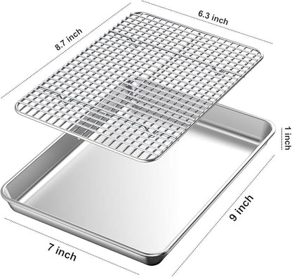 Baking Sheet with Rack Set [2 Pans + 2 Racks], Wildone Stainless Steel Cookie Sheet Baking Pan Tray with Cooling Rack, Size 9 x 7 x 1 Inch, Non Toxic & Heavy Duty & Easy Clean