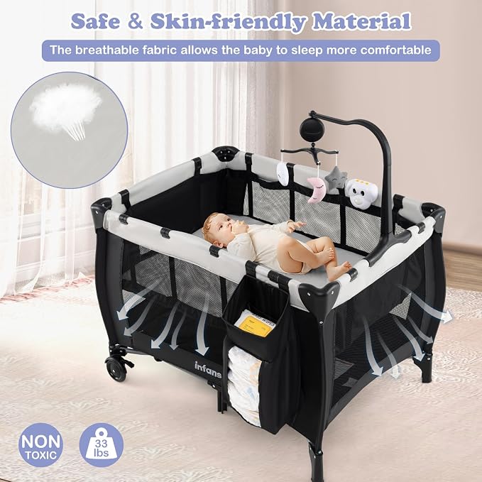 INFANS 3 in 1 Pack and Play, Portable Travel Baby Bassinet with Detachable Mattress, Changing Table, Foldable Playpen with Carry Bag, 2 Wheels (Morden)