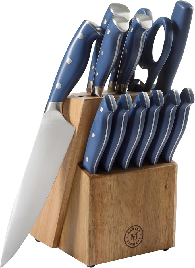 Martha Stewart Greeley Forged High Carbon Stainless Steel 14 Piece Knife Block Set, Navy Blue Kitchen Knife Set with Acacia Wood Block, Chef Knife, Bread Knife, Steak Knives