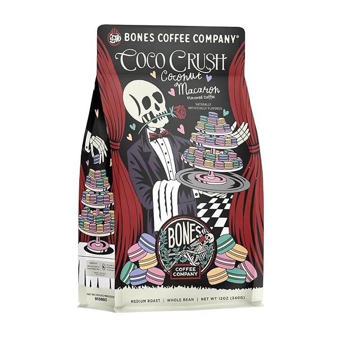 Bones Coffee Company Coco Crush, Coconut Macaron Flavored Coffee, Medium Roast Low Acid Arabica Beans Compatible with Auto drip and French Press Coffee Maker, 12 Oz Whole Bean