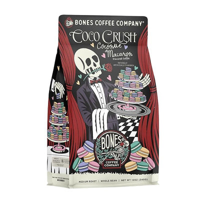 Bones Coffee Company Coco Crush, Coconut Macaron Flavored Coffee, Medium Roast Low Acid Arabica Beans Compatible with Auto drip and French Press Coffee Maker, 12 Oz Whole Bean