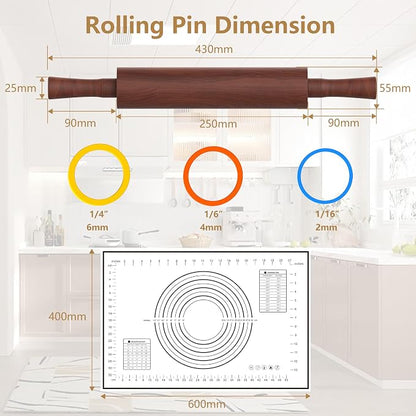 Classic Wooden Rolling Pin with Handle and Pastry Mat for Fondant, Pizza, Pies, Cookies,Rolling Pin for Baking with 3 Multi-Color Thickness Rings,17" x 2.5" (Include handle)