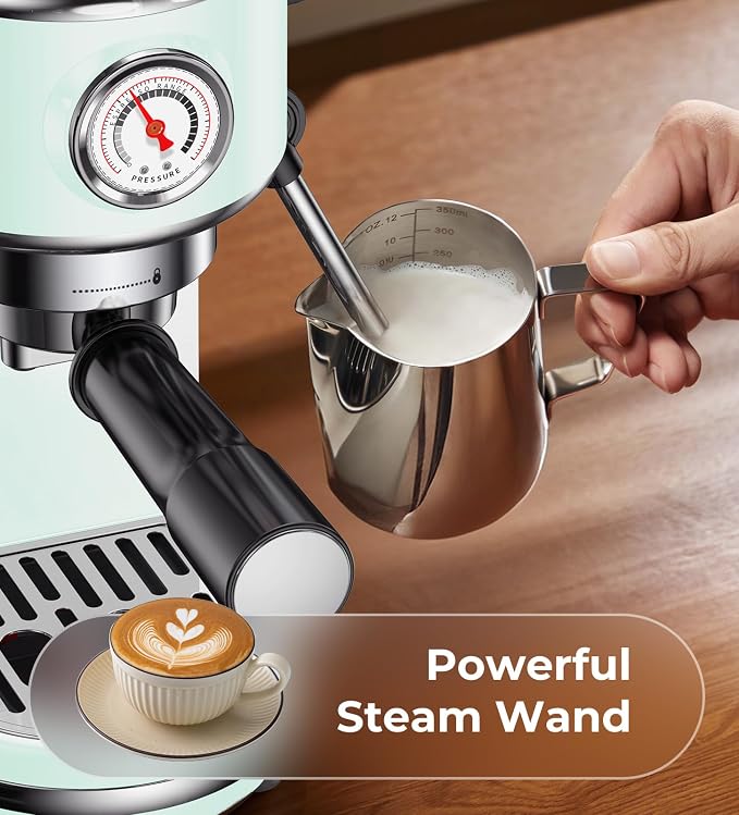atatix 20 Bar Espresso Machine with Milk Frother, Compact Espresso Maker, Stainless Steel Coffee Machine with Precise Temp Control & 44oz Removable Water Tank for Latte, Cappuccino, Light Green