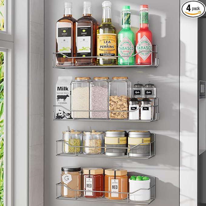 Magnetic Spice Rack for Refrigerator, 4 Pack Metal Strong Magnet Spice Organizer Shelves, Magnetic Fridge Shelf for Kitchen Seasoning Organizer Gadgets, Home Organization and Storage (Grey)