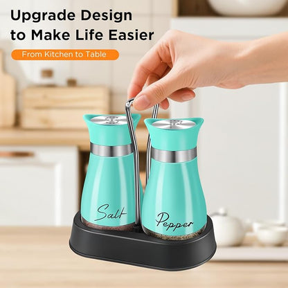 Salt and Pepper Shakers Set, 4 oz Stainless Steel Salt Shaker, Farmhouse Salt Pepper Shaker Containers with Glass Bottom for Kitchen Gadgets Cooking Table, BBQ, Bar, RV, Camp (Blue)