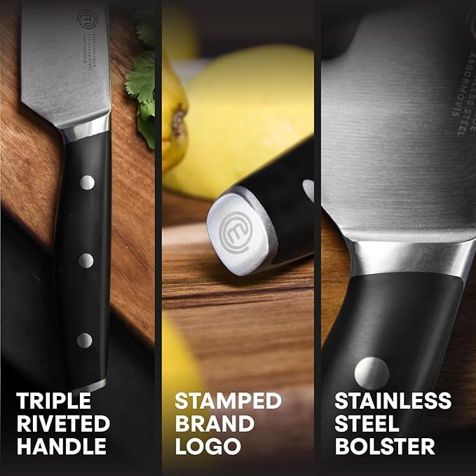 MasterChef Chef Knife Set of 3 Professional Quality Kitchen Knives (Chef, Santoku & Paring) for Precision Home Cooking, High Carbon Stainless Steel Blades & Triple Riveted Handles