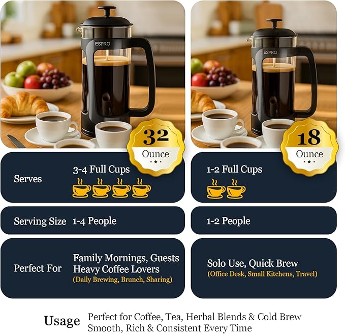 ESPRO Light P3 French Press Coffee Maker – Patented Double Micro-Filter for Grit-Free Brew, Heat Resistant thicker Borosilicate Glass Coffee press – (Black, 32 oz)