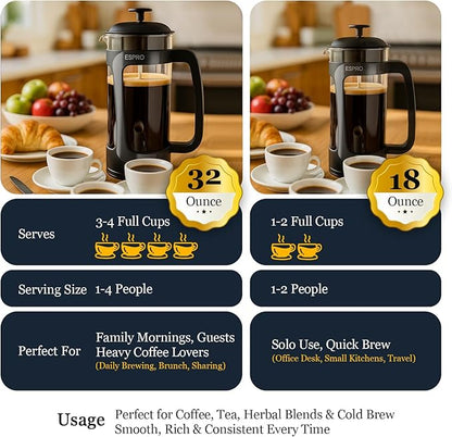ESPRO Light P3 French Press Coffee Maker – Patented Double Micro-Filter for Grit-Free Brew, Heat Resistant thicker Borosilicate Glass Coffee press – (Black, 32 oz)