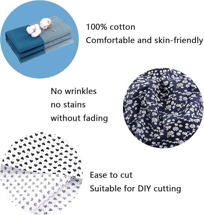 100% Cotton Fat Quarters - 8 Pieces (20"x20"), Floral Cotton Craft Fabric, DIY Cloths Patchwork, Pre-Cut Quilting Fabric (Navy)