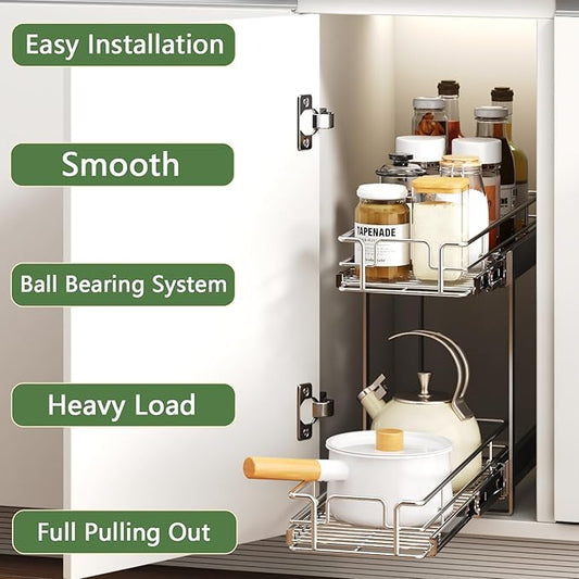 2 Tier Individual Pull Out Cabinet Organizer 5½" W x 21½" D, Heavy Duty Cabinet Pull Out Shelves, Slide Out Drawers Organization for Kitchen Cabinets Bathroom