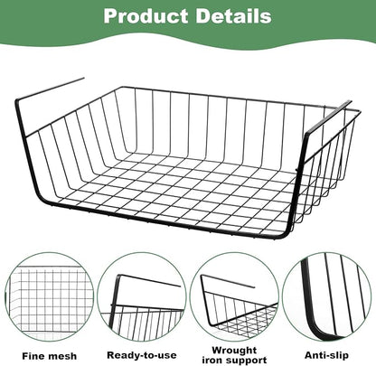 6 Pcs Undershelf Storage Basket Under Shelf Wire Basket Household Metal Under Shelf Hanging Storage Bin Basket Slides Under Shelves for Kitchen Pantry Bookshelf - 14.2" D x 9.1" W x 5.5" H, Black