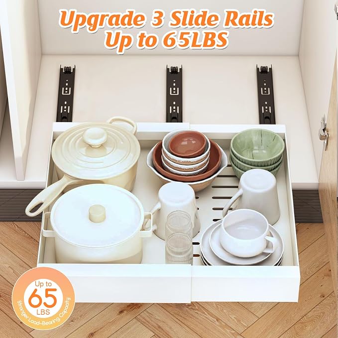 Ancaixin Pull Out Cabinet Organizer, 2PC 21" Deep Expandable (12"-21") Pull Out Drawers for Cabinets with Adhesive, Slide Out Drawers Roll Out Shelf for Kitchen, Bathroom, Under Sink Storage(White)
