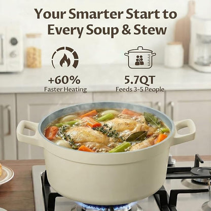 BEZIA 5.7 Quart Nonstick Ceramic Dutch Oven Style Stock Pot with Lid, Lightweight Die-Cast Aluminum Cooking Pot for Family Stew & Braising, Induction Ready Soup Pot, Oven Safe, Serves 3-5 People