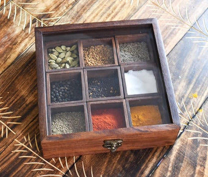 Ajuny Wooden Spice Box 9x9 Inch - Decorative Masala Dabba Organizer with Glass Lid, 9 Compartments & Spoon, Spice Storage Container, Ideal for Seasonings & Herbs, Perfect for Gift