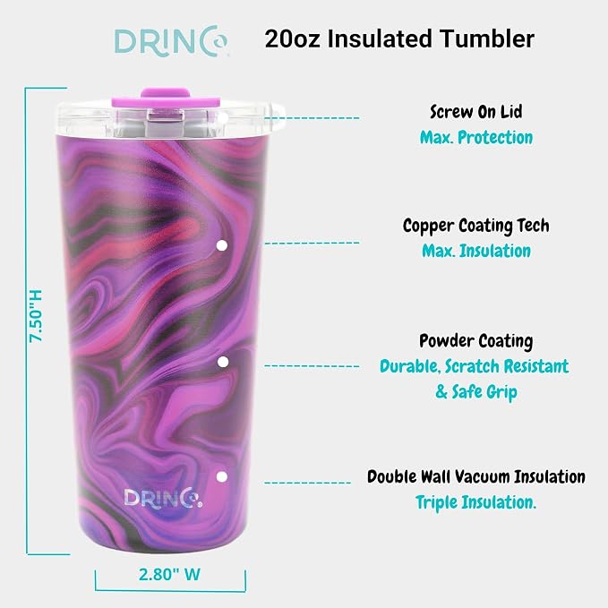 Drinco - 20 oz Stainless Steel Tumbler | Double Walled Vacuum Insulated Mug With Lid, 2 Straws, For Hot & Cold Drinks (20oz Purple Swirl)