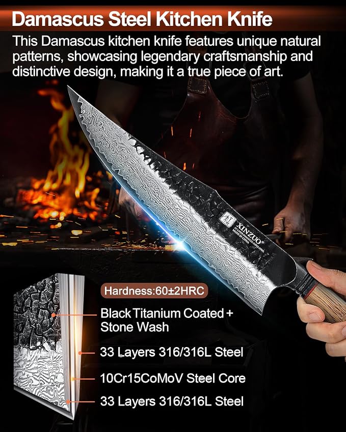 XINZUO 10 inch Professional Chef Knife,67 Layers 10Cr15CoMov High Carbon Damascus Steel Knife For Kitchen,Very Sharp，White Oak + Red G10 Gasket Handle