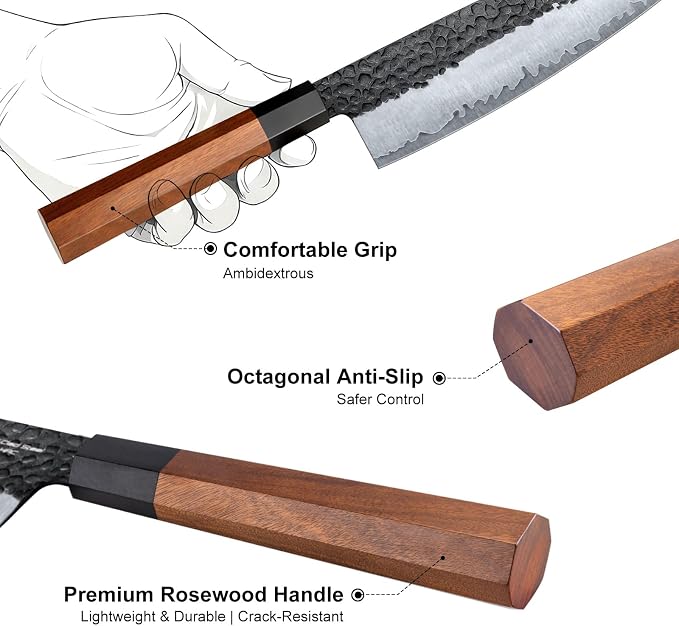 FAMCÜTE 8‘’ Japanese Knife, Hand-Forged Chef Knife with 5-Layer 9CR18MOV HC Steel and Ultra Sharp Non-Slip Rosewood Handle Kitchen Knife, Gift for People Who Love to Cook in Sandalwood Box